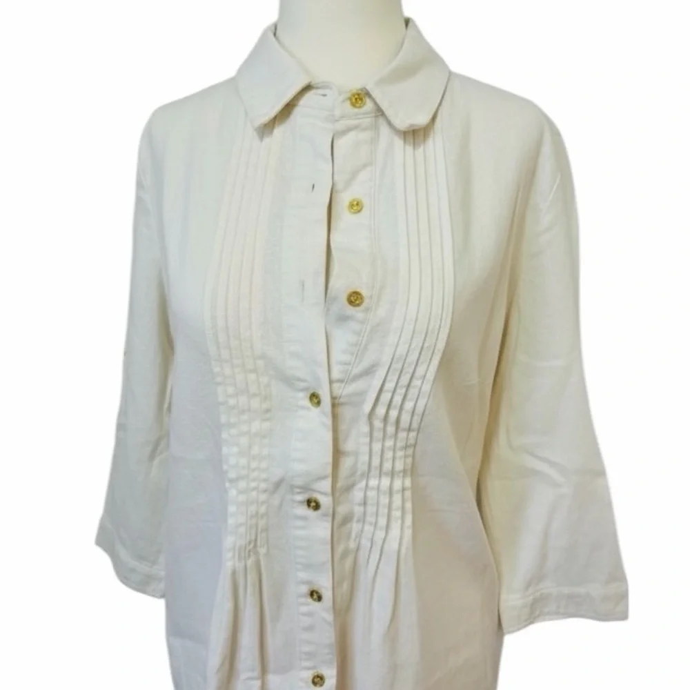 Traditions Linen Blend Button Down Pintuck 3/4 Sleeve Shirt Petite 10P - Picture 4 of 8
